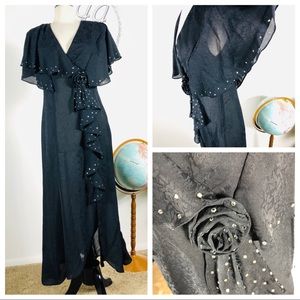 VTG 70's Spanish Floral Ruffle Dress w/Rhinestones